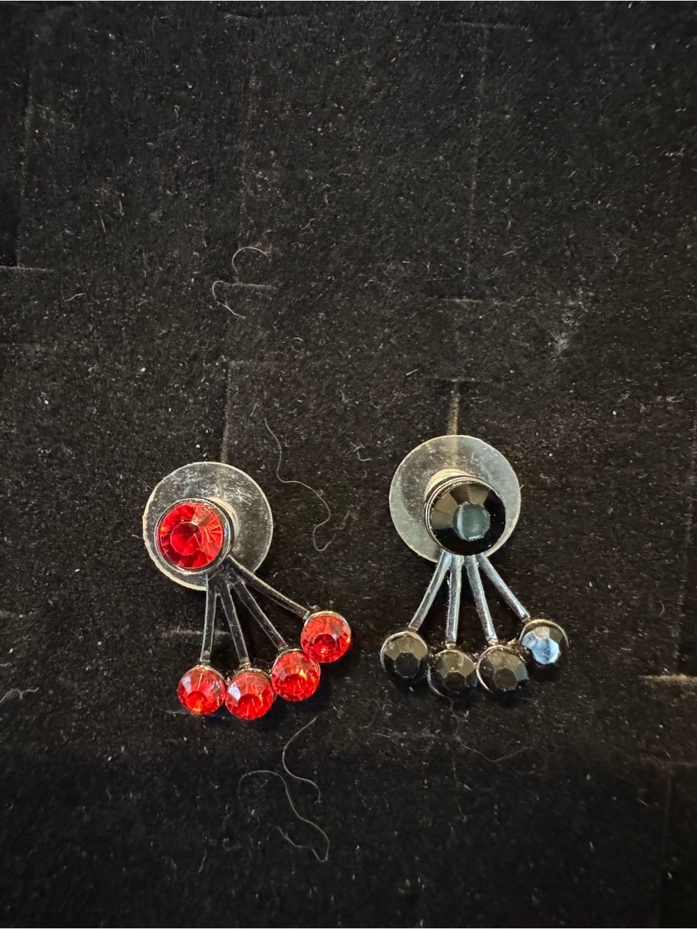 Red Black Rhinestone Mismatched Earrings Silver Tone Asymmetrical Statement